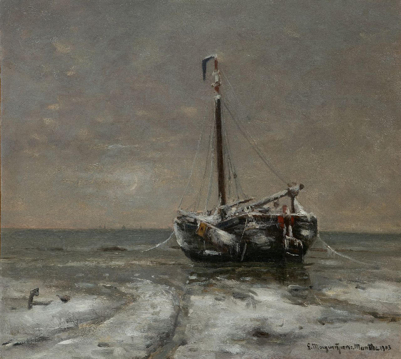 Munthe G.A.L.  | Gerhard Arij Ludwig 'Morgenstjerne' Munthe | Paintings offered for sale | Snowy beach with a fishing barge, oil on canvas 54.8 x 60.2 cm, signed l.r. and dated 1903