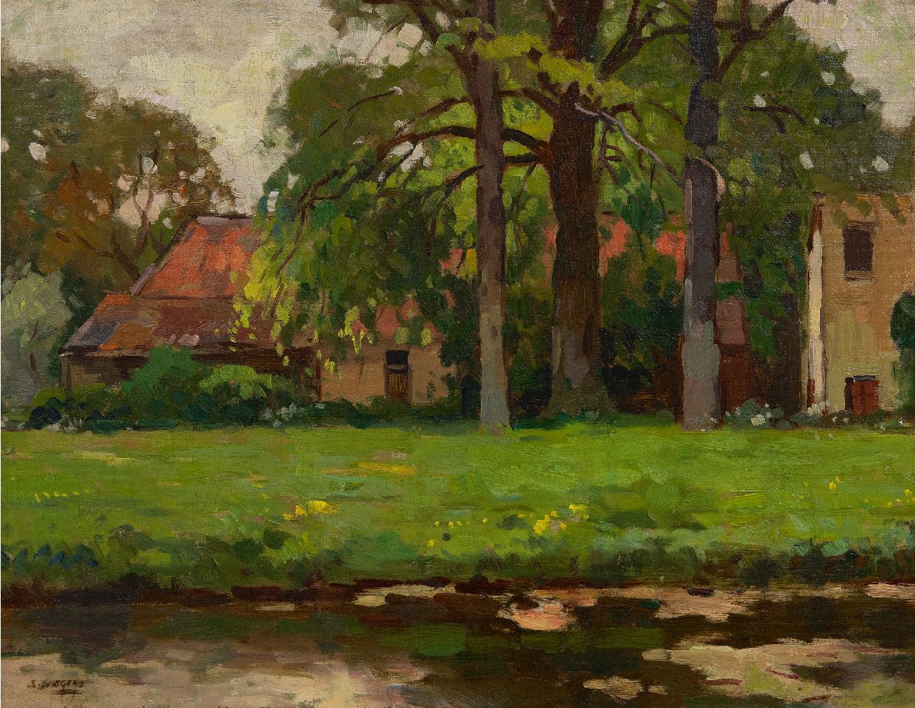 Viegers B.P.  | Bernardus Petrus 'Ben' Viegers | Paintings offered for sale | A farm and trees along a stream, oil on canvas 38.4 x 48.6 cm, signed l.l.