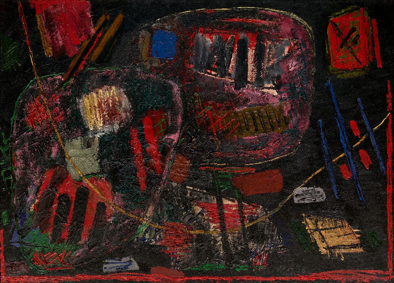 Hussem W.F.K.  | 'Willem' Frans Karel Hussem | Paintings offered for sale | Untitled, oil on burlap 95.1 x 130.0 cm, signed l.r. with initials and dated '58