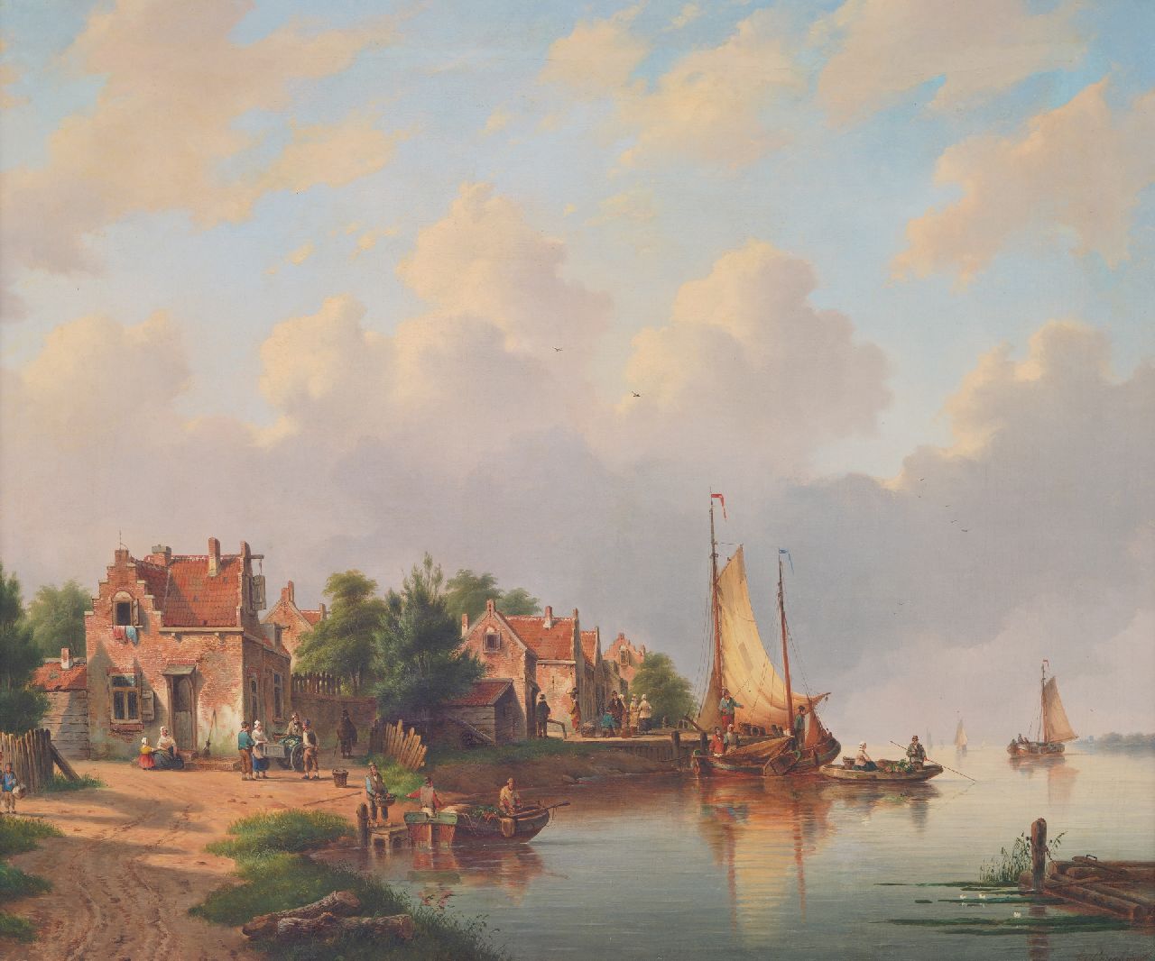 George Henry Hendriks | Village on the river with foot ferry and sailing ships, oil on canvas, 83.0 x 98.4 cm