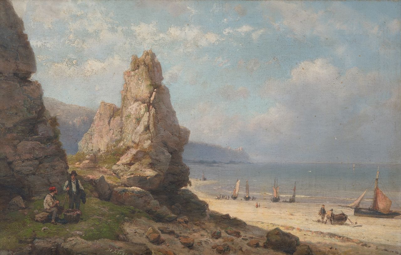 Koekkoek H.  | Hermanus Koekkoek | Paintings offered for sale | Beach scene with fishermen and ships on a rocky coast, oil on canvas 37.0 x 57.5 cm, signed l.c.
