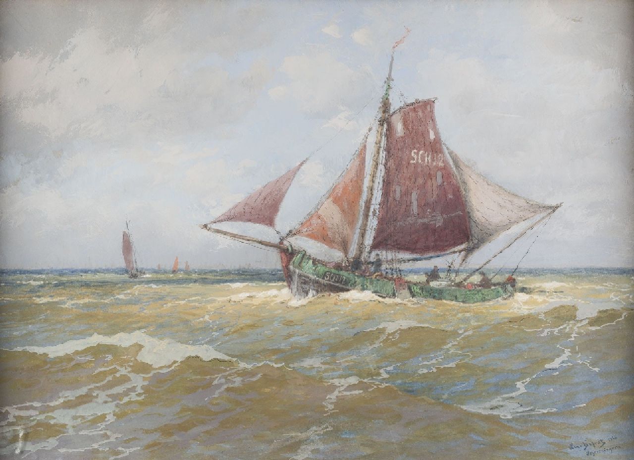 Bohrdt H.  | Hans Bohrdt | Watercolours and drawings offered for sale | The 'Scheveningen 12' sailing out  -, gouache on board 49.6 x 69.4 cm, signed l.r. and dated 1926