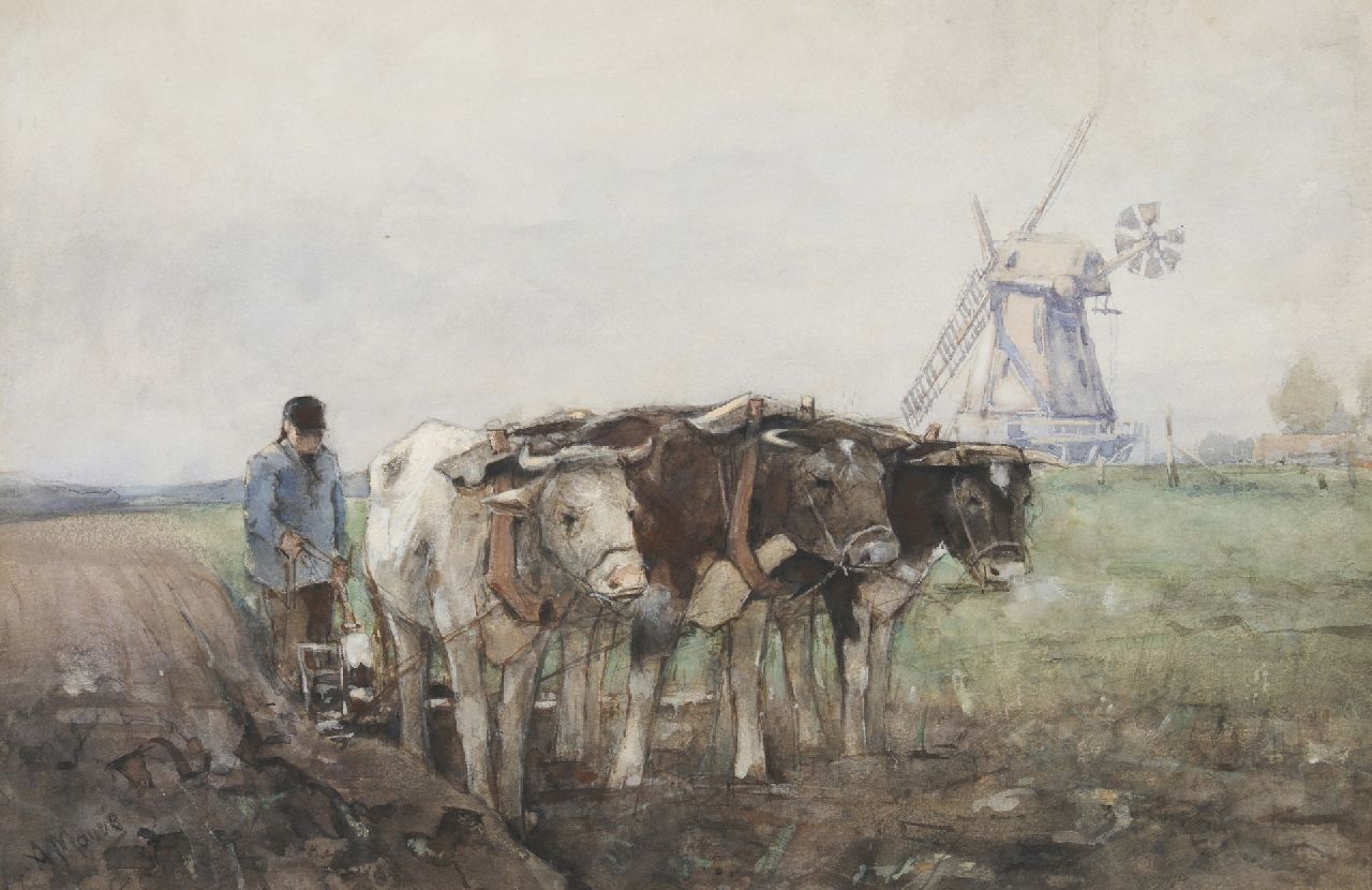 Mauve A.  | Anthonij 'Anton' Mauve | Watercolours and drawings offered for sale | Ploughing farmer with his oxen, watercolour and gouache on paper 26.0 x 40.1 cm, signed l.l.