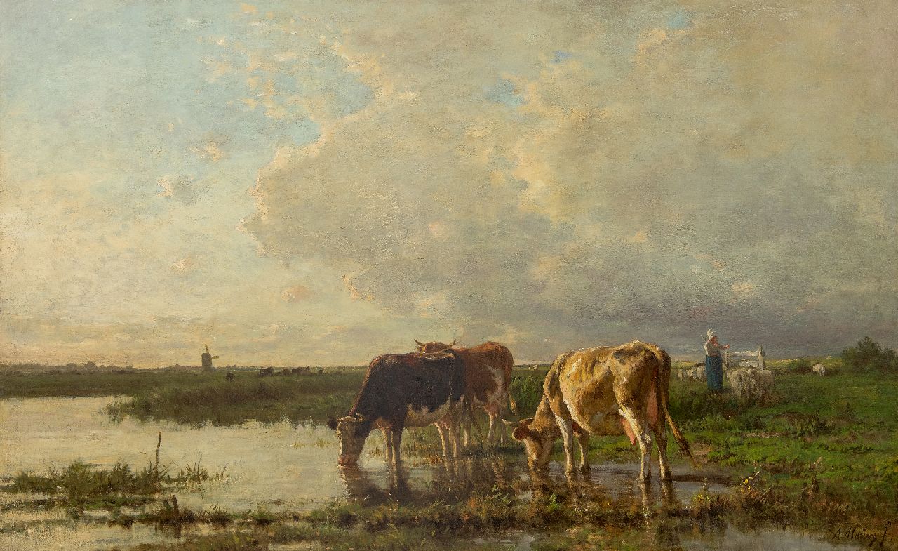 Mauve A.  | Anthonij 'Anton' Mauve, Drinking cattle by the river, oil on canvas 84.8 x 134.8 cm, signed l.r. and 1868-1870
