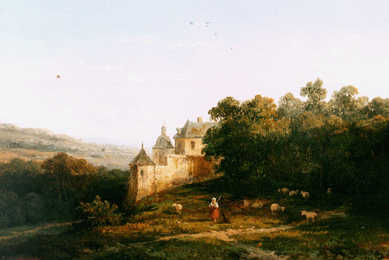 Wijngaerdt A.J. van | Anthonie Jacobus van Wijngaerdt, Mountainous landscape with a castle in the distance, oil on panel 15.2 x 22.2 cm, signed l.r. and dated 1854