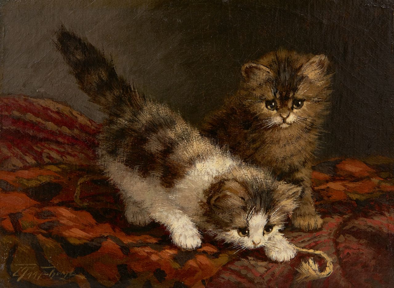 Raaphorst C. | Cornelis Raaphorst | Paintings offered for sale | Kittens playing on a cushion, oil on canvas 18.3 x 24.0 cm, signed l.l. Raaphorst C. | Cornelis Raaphorst | Paintings offered for sale | Kittens playing on a cushion, oil on canvas 18.3 x 24.0 cm, signed l.l.