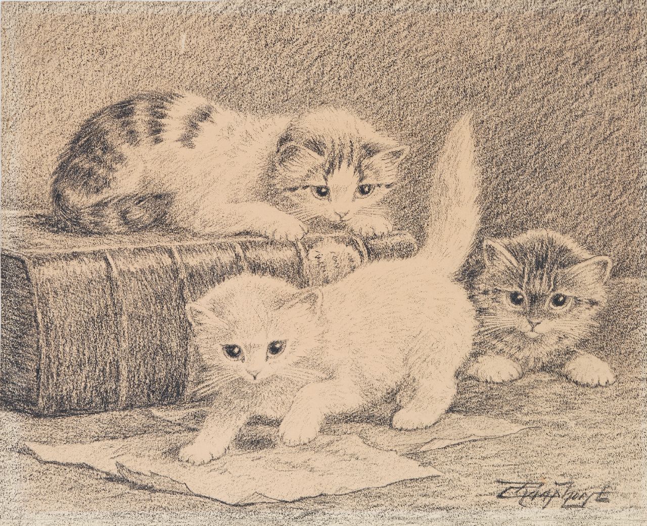 Raaphorst C.  | Cornelis Raaphorst | Watercolours and drawings offered for sale | Three kittens playing, charcoal on paper 23.8 x 29.1 cm, signed l.r.