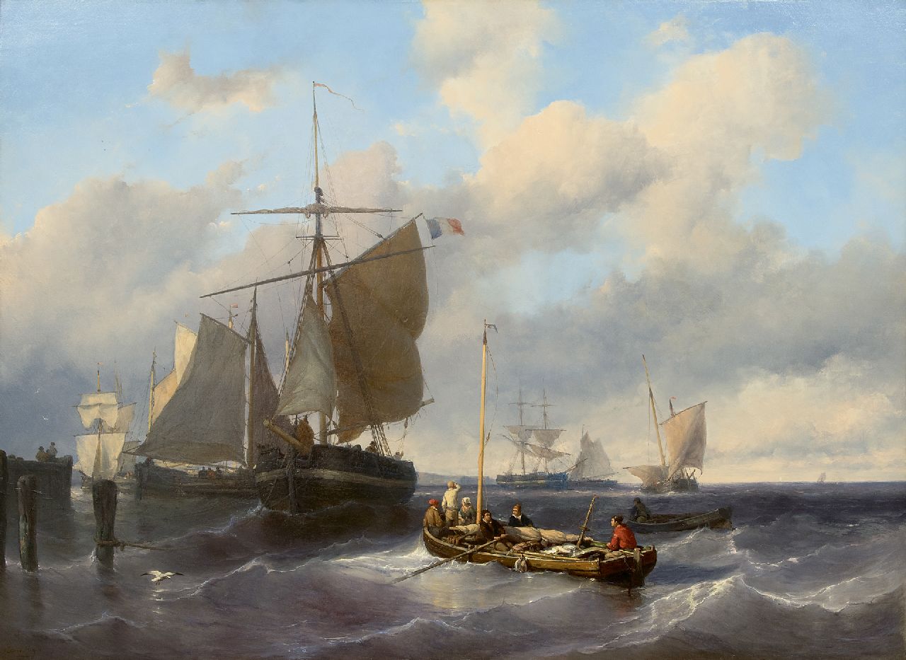 Meijer J.H.L.  | Johan Hendrik 'Louis' Meijer, Hoisting the sails at the pier, oil on panel 79.8 x 110.5 cm, signed l.l.