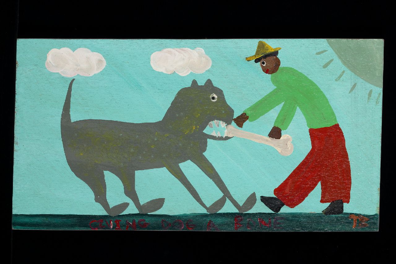Brown T.  | Timothy 'Tim' Brown, Giving dog a bone, acrylic on panel 30.7 x 58.1 cm, signed l.r. with initials