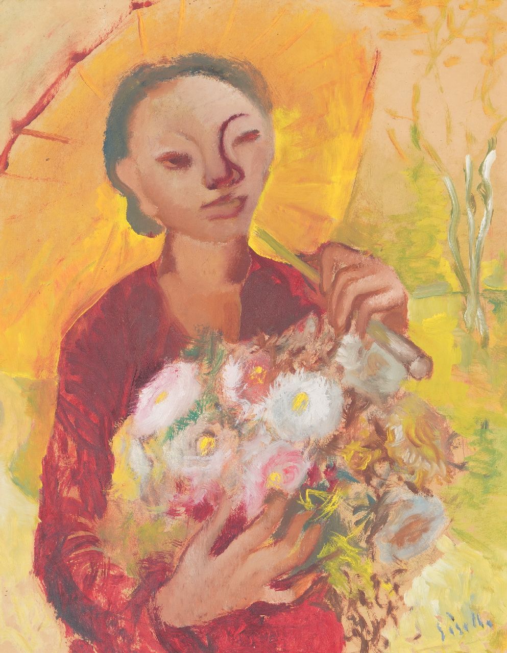 Kuster G.  | Giselle Kuster |  offered for sale | Indonesian woman with flowers and parasol, 63.5 x 49.6 cm, signed l.r. and pained ca. 1948-1949