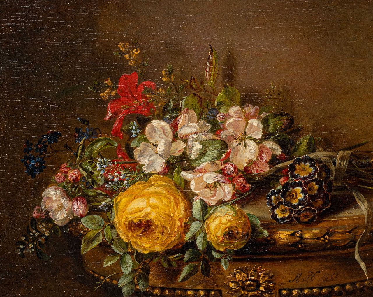 Haanen A.J.  | 'Adriana' Johanna Haanen | Paintings offered for sale | Roses, violets and lillies on a table, oil on panel 26.5 x 33.0 cm, signed l.r. and dated 1850