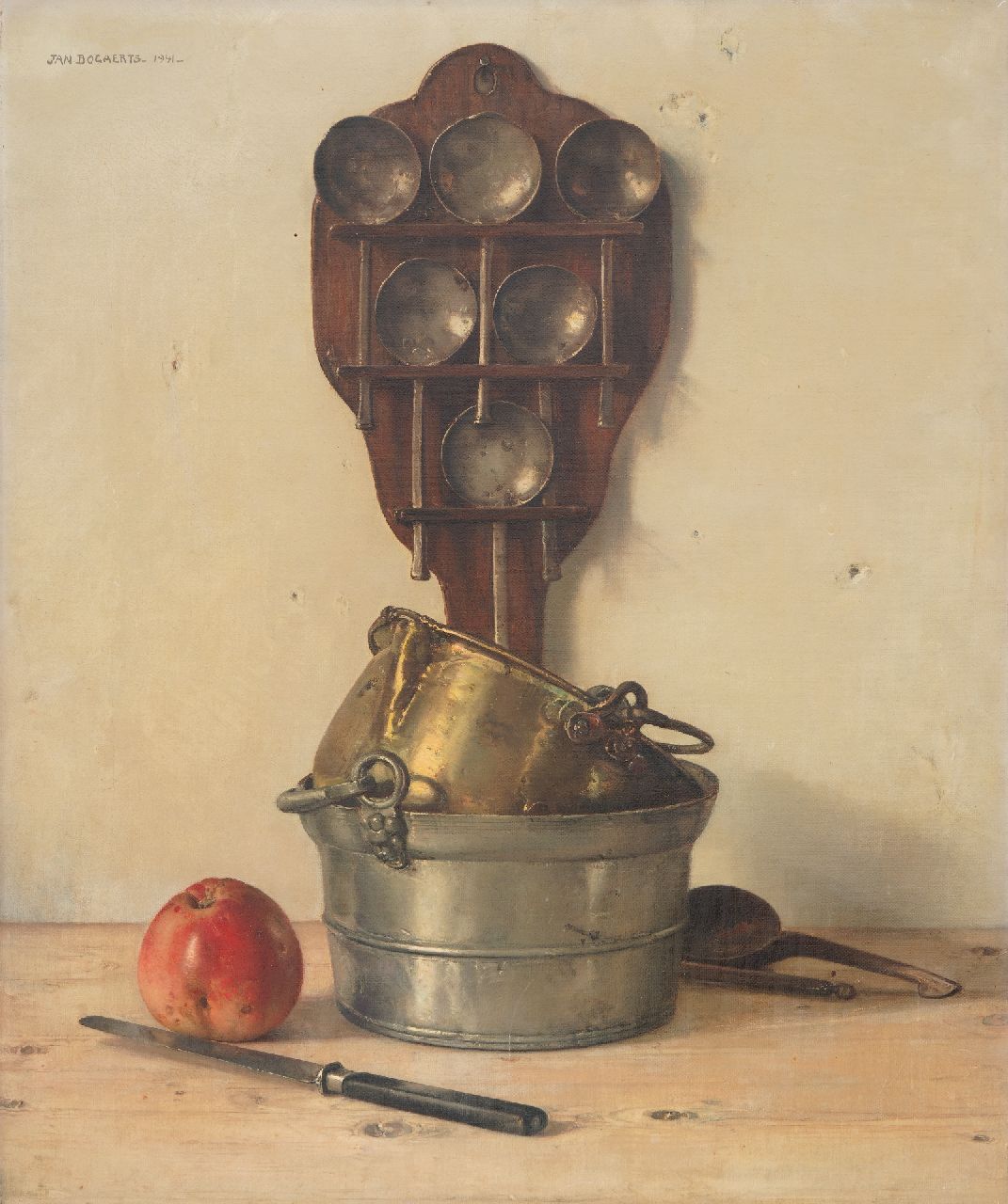 Jan Bogaerts | Kitchen still life with spoon rack, pots, apple and knife., oil on canvas, 60.5 x 5035.0 cm, signed u.l. and dated 1941