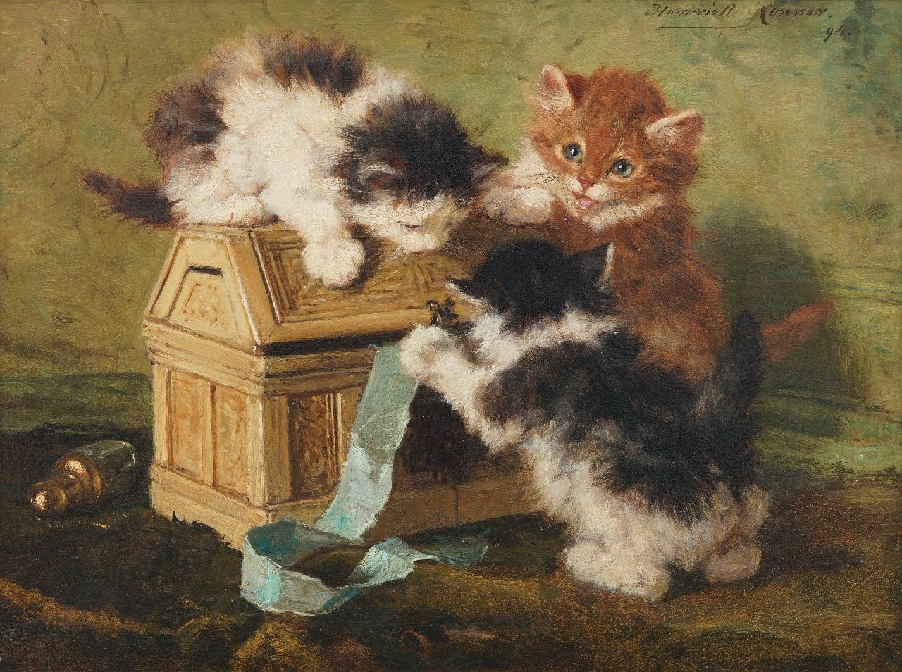Ronner-Knip H.  | Henriette Ronner-Knip | Paintings offered for sale | Three young kittens playing with a letterbox., oil on panel 18.7 x 24.5 cm, signed u.r. and dated '94