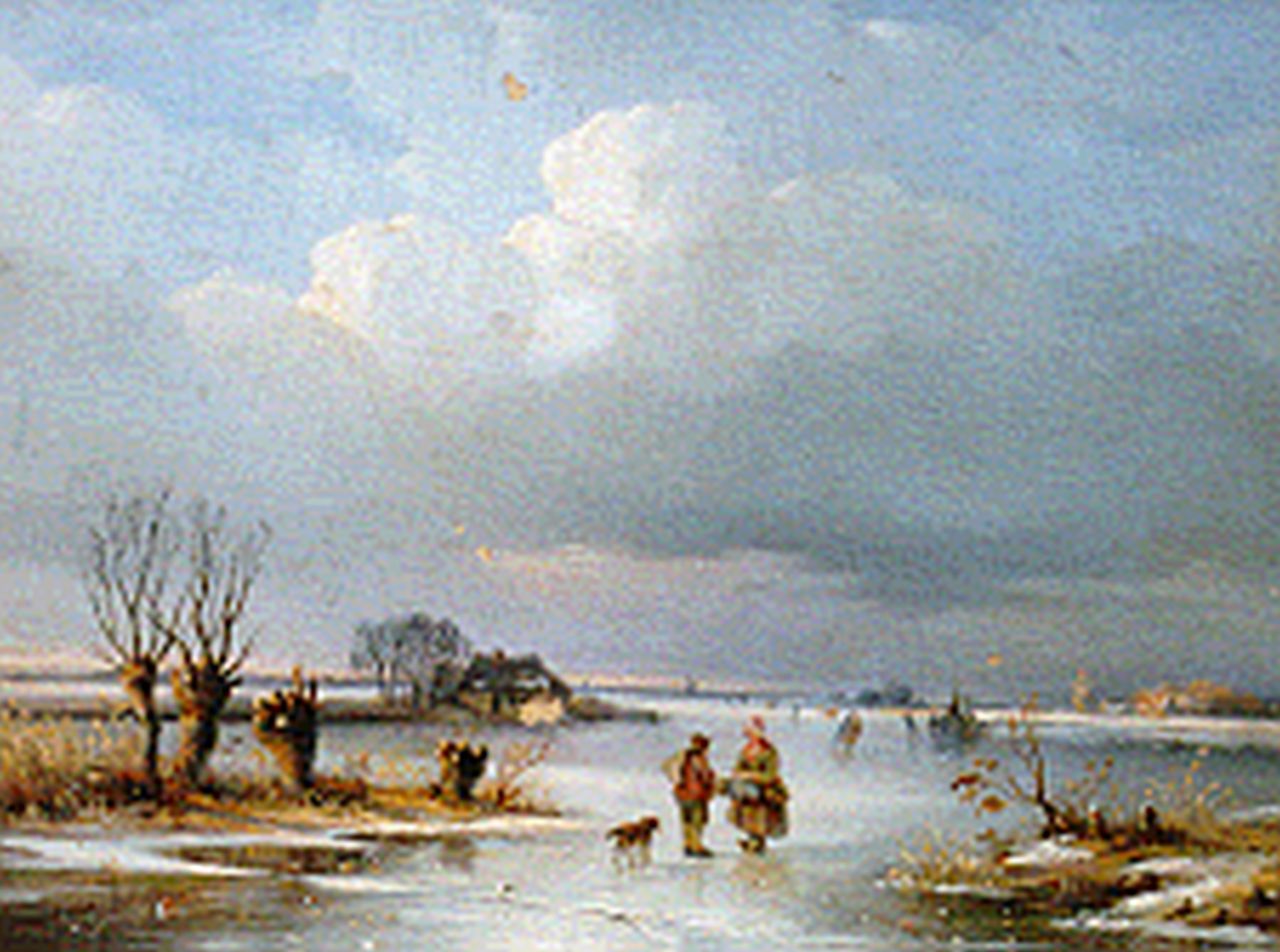 Wijngaerdt A.J. van | Anthonie Jacobus van Wijngaerdt, A winter landscape with skaters on a frozen waterway, oil on panel 22.2 x 28.3 cm, signed l.l. and dated 1844