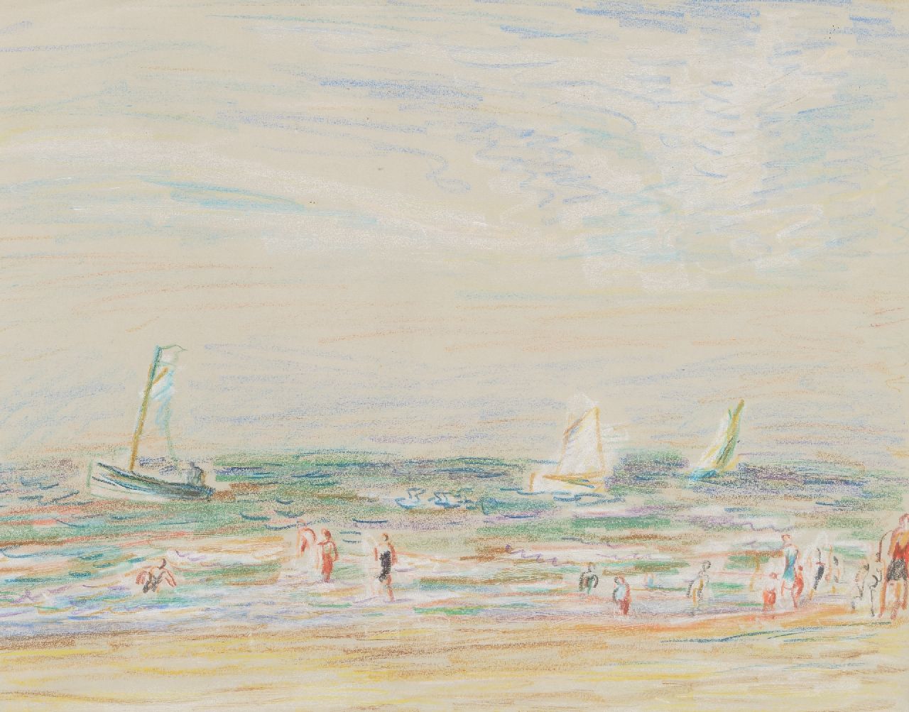 Gestel L.  | Leendert 'Leo' Gestel | Watercolours and drawings offered for sale | The beach at Zandvoort, pastel on paper 24.0 x 30.0 cm