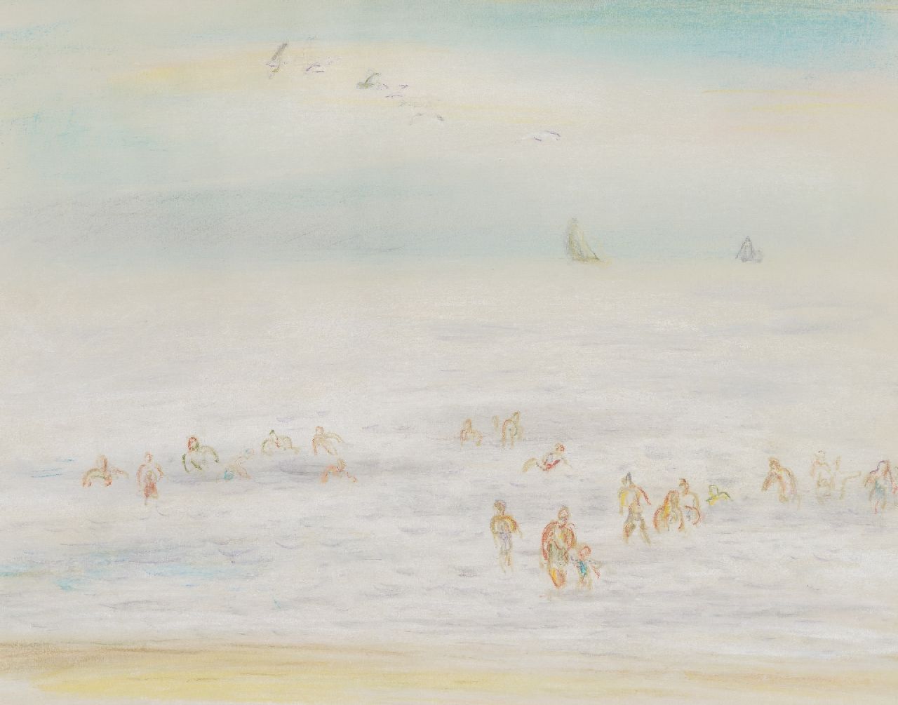 Gestel L.  | Leendert 'Leo' Gestel | Watercolours and drawings offered for sale | Beach guests in the sea, Zandvoort, chalk on paper 23.7 x 30.0 cm