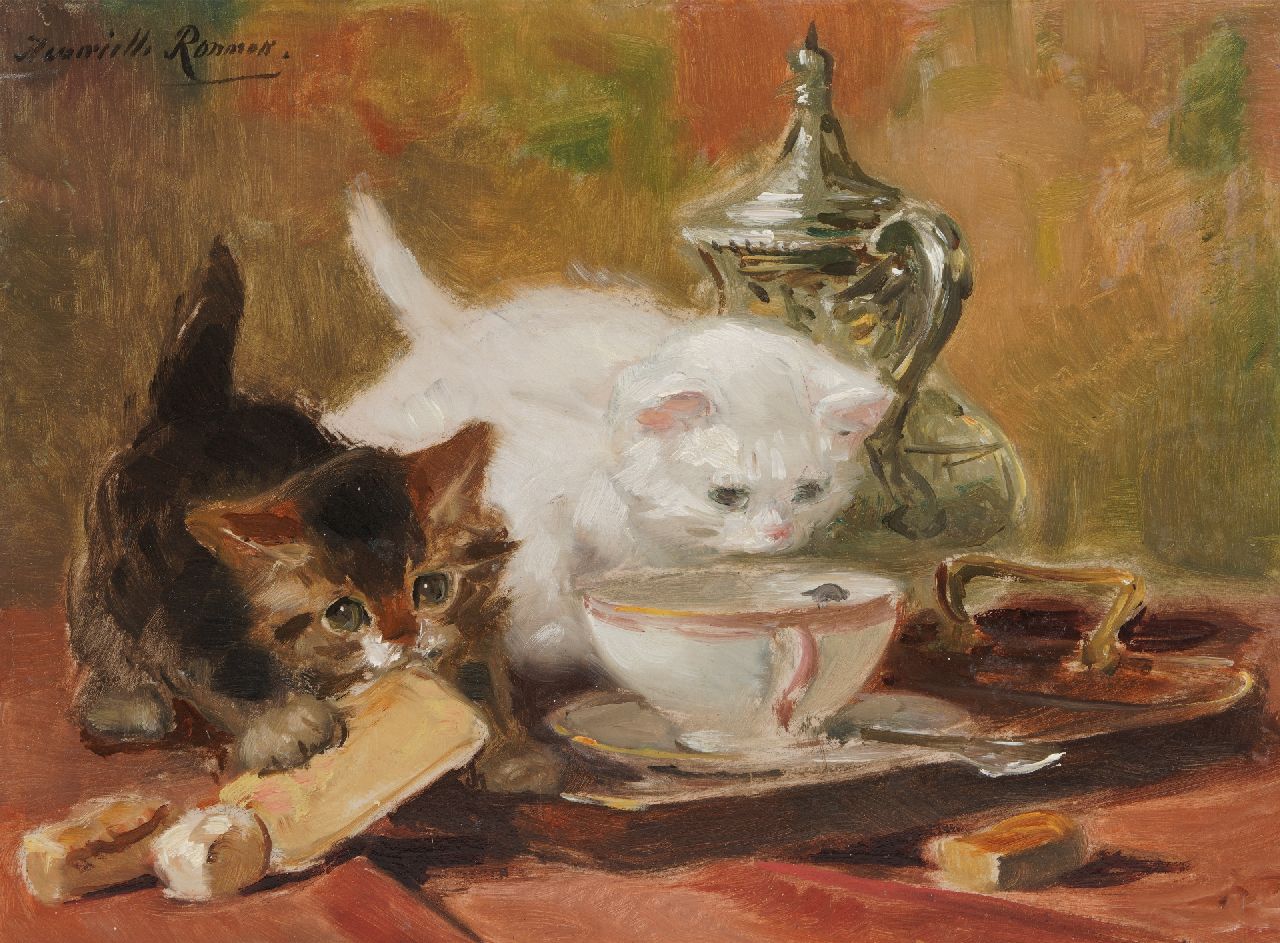 Ronner-Knip H.  | Henriette Ronner-Knip | Paintings offered for sale | Kittens playing on a tea table, oil on paper laid down on panel 23.8 x 32.1 cm, signed u.l.