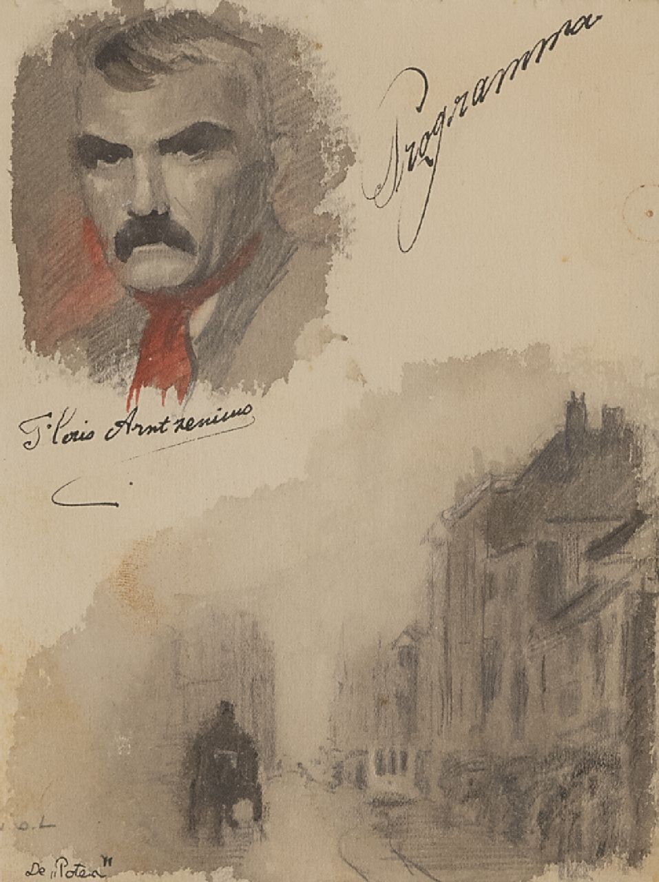 Arntzenius P.F.N.J.  | Pieter Florentius Nicolaas Jacobus 'Floris' Arntzenius, Sheet with a self-portrait and sketch of the street Lange Poten in The Hague, pencil, ink and watercolour on paper 15.7 x 12.4 cm, signed c.l.