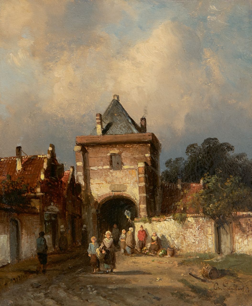 Leickert C.H.J.  | 'Charles' Henri Joseph Leickert | Paintings offered for sale | A Dutch city gate with figures near a vegetable seller, oil on panel 16.3 x 13.8 cm, signed l.r.