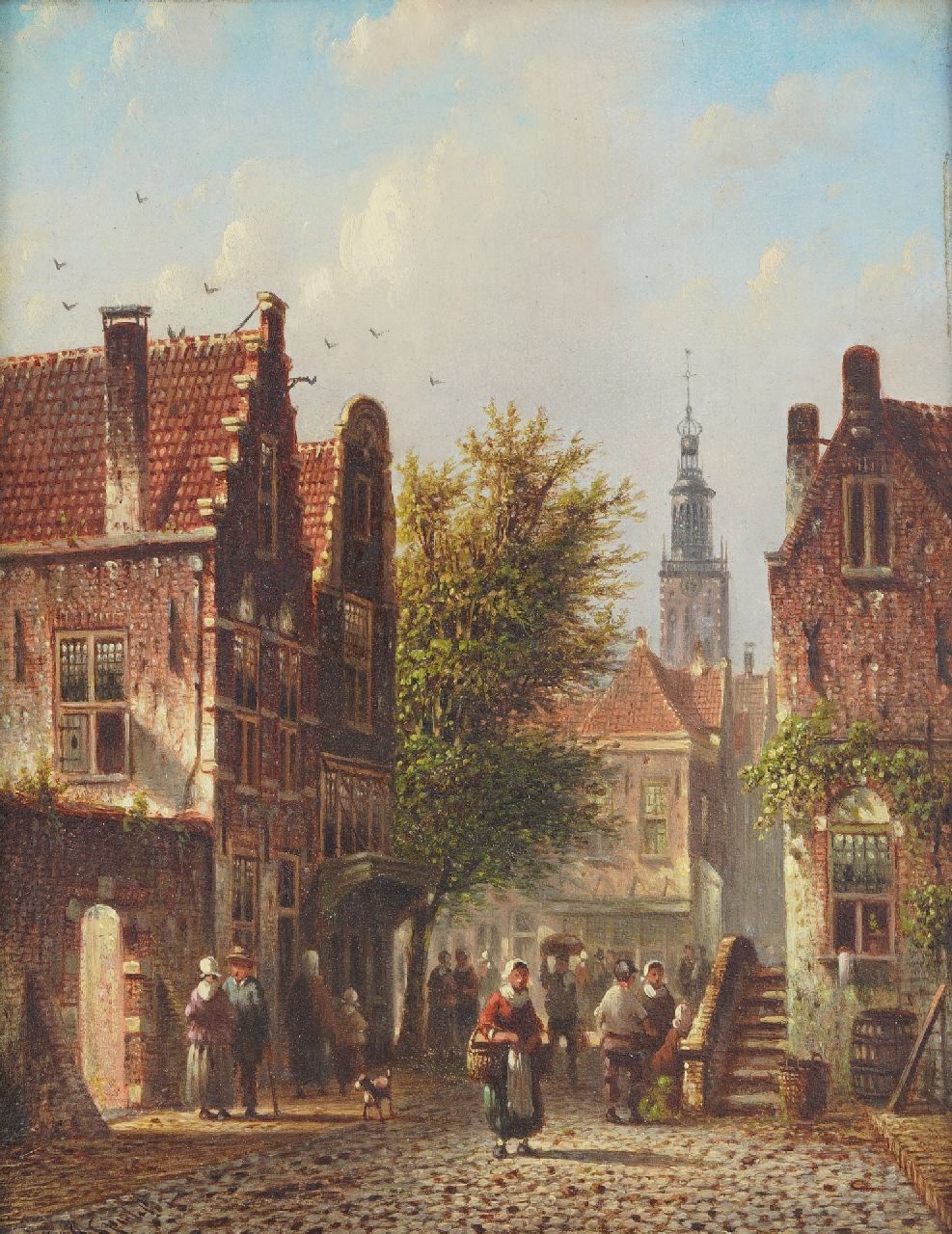 Spohler J.F.  | Johannes Franciscus Spohler | Paintings offered for sale | Town view in summer with the tower of the Bakenesserkerk of Haarlem, oil on panel 20.9 x 15.8 cm, signed l.l.