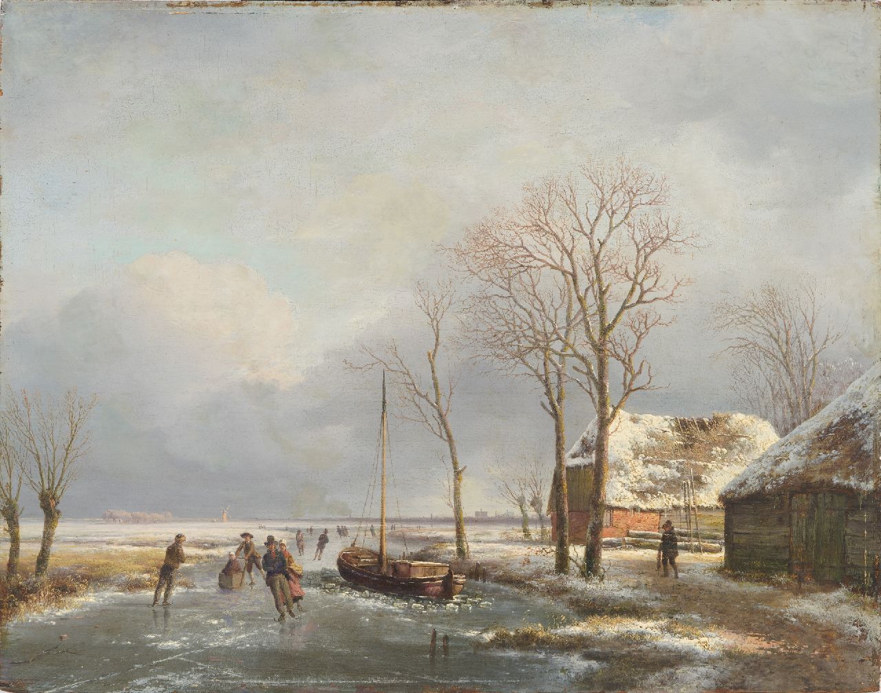 Schelfhout A. | Andreas Schelfhout | Paintings offered for sale | Panoramic winter landscape with skaters, the St. Bavokerk of Haarlem in the distance, oil on panel 39.1 x 49.8 cm, painted ca. 1825 Schelfhout A. | Andreas Schelfhout | Paintings offered for sale | Panoramic winter landscape with skaters, the St. Bavokerk of Haarlem in the distance, oil on panel 39.1 x 49.8 cm, painted ca. 1825