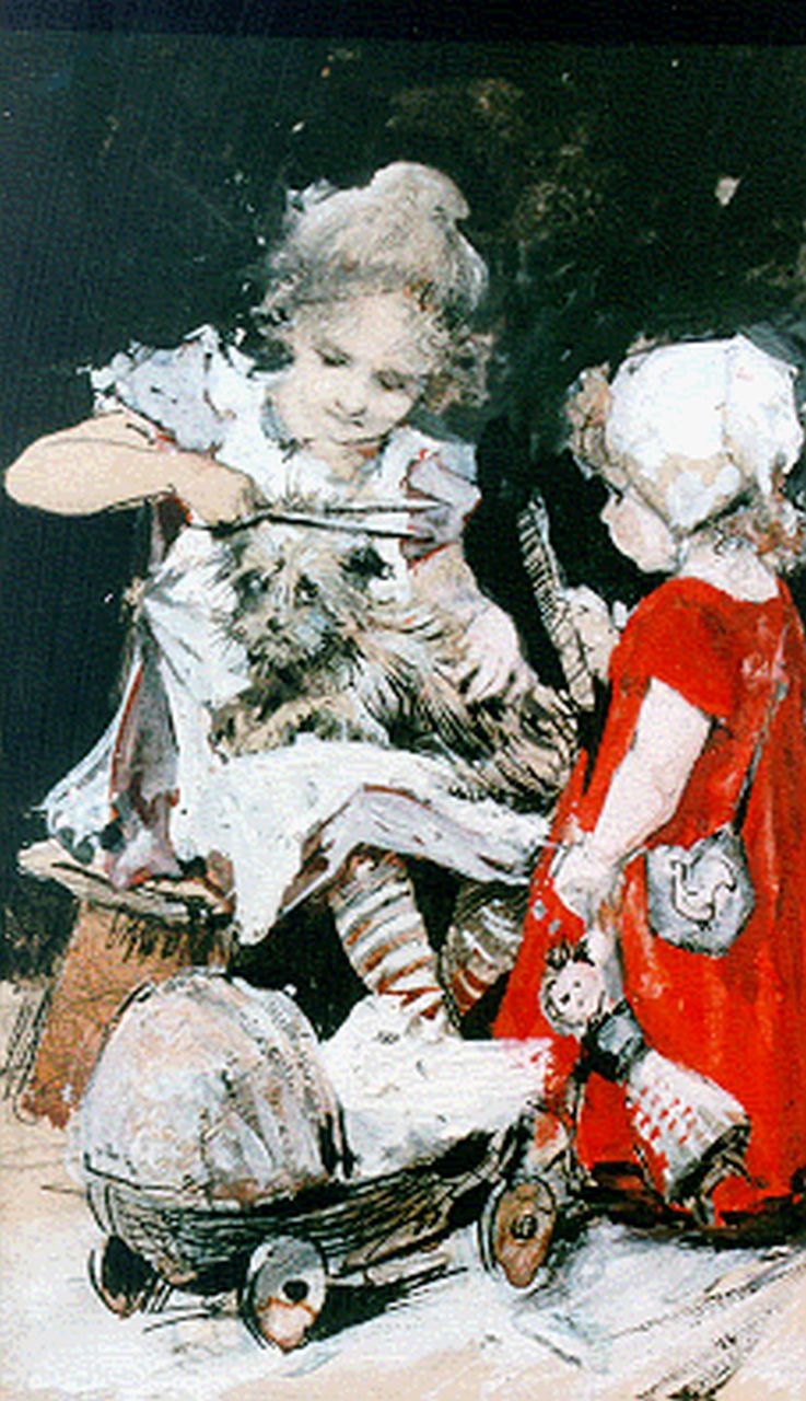 Onbekend   | Onbekend, Bij de hondenkapper, watercolour and gouache on paper 17.2 x 11.0 cm, te dateren ca. 1900