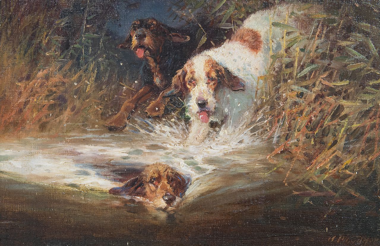 William Woodhouse | Three hunting dogs, oil on canvas laid down on panel, 20.0 x 30.2 cm, signed l.r.