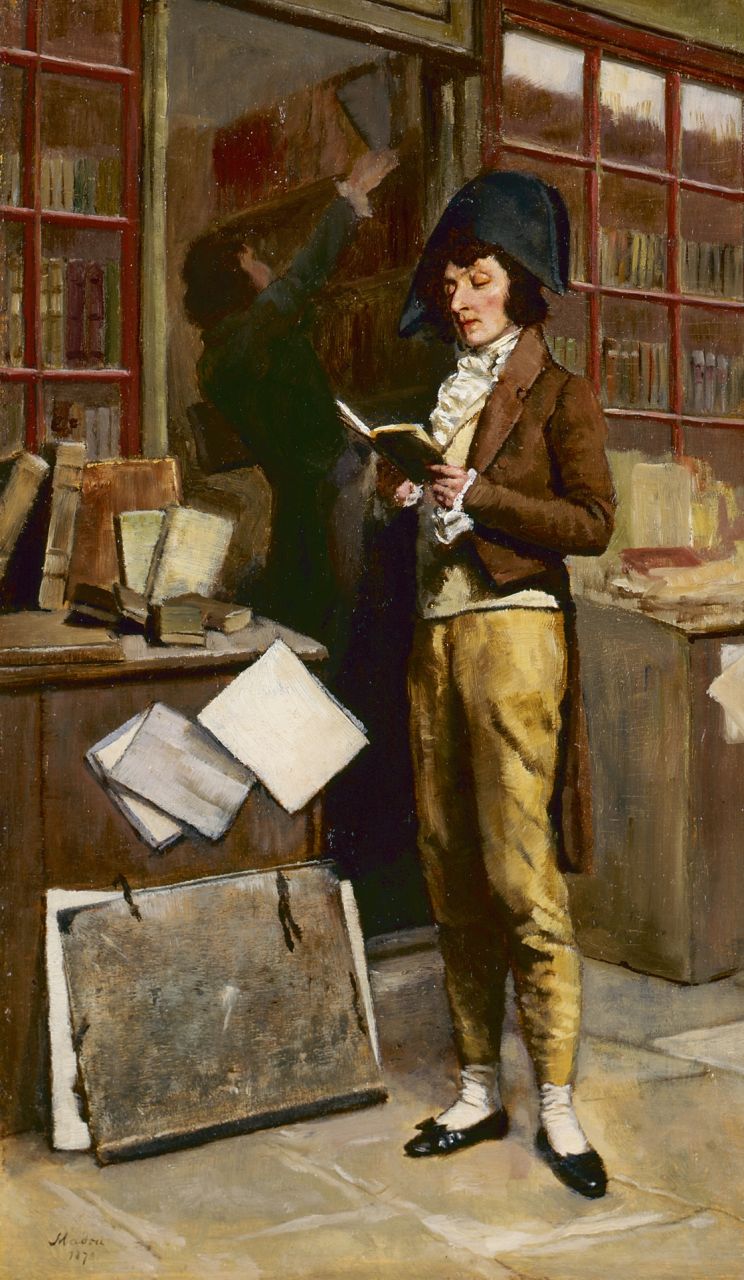 Jean Baptiste Madou | Antiquarian bookshop, oil on panel, 32.5 x 19.1 cm, signed l.l. and dated 1873