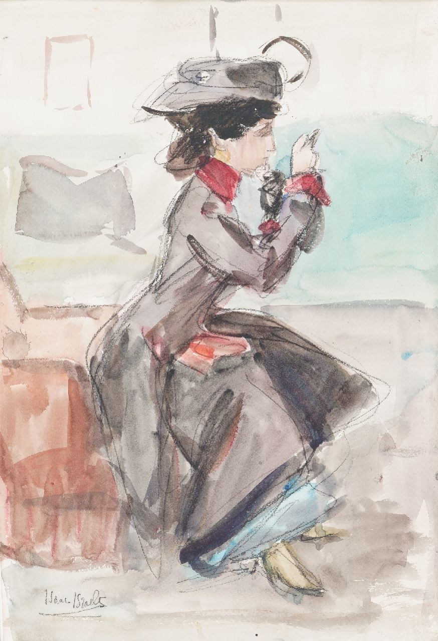 Israels I.L.  | 'Isaac' Lazarus Israels | Watercolours and drawings offered for sale | A woman touching-up her makeup on a parc bench, chalk and watercolour on paper 50.9 x 35.5 cm, signed l.l.