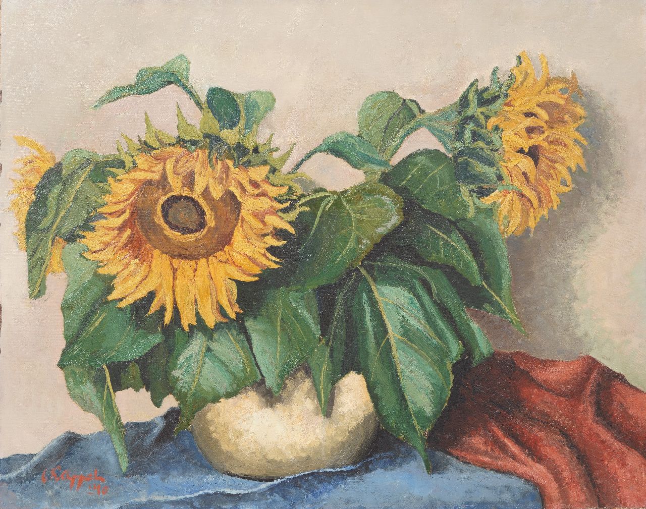 Appel C.K.  | Christiaan 'Karel' Appel |  offered for sale | Still life with sunflowers, oil on paper on canvas laid down on panel 71.0 x 90.0 cm, signed l.r. and dated '40 SOLD
