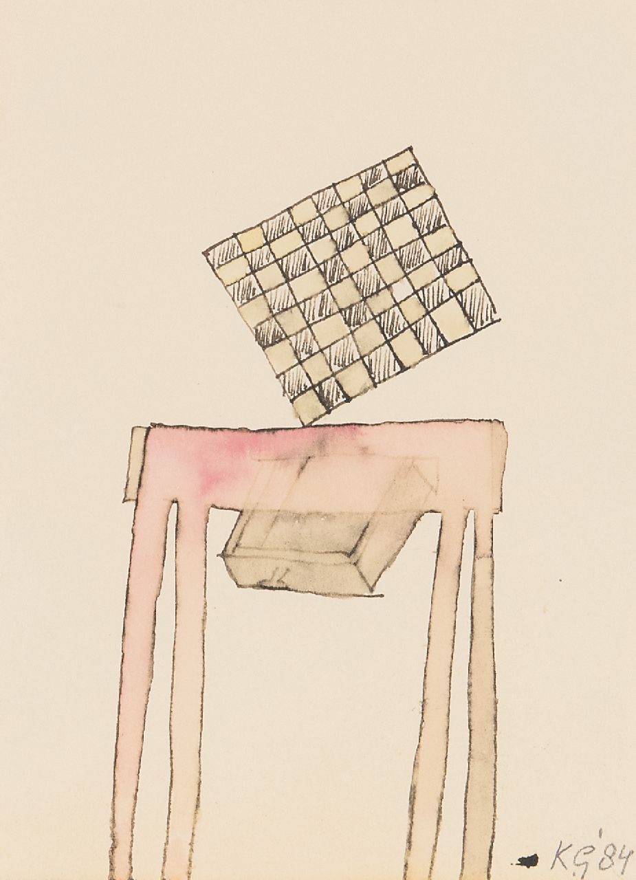 Gubbels K.  | Klaas Gubbels | Watercolours and drawings offered for sale | Chessboard on red table, ink and watercolour on paper 13.6 x 10.0 cm, signed l.r. with initials and dated '84