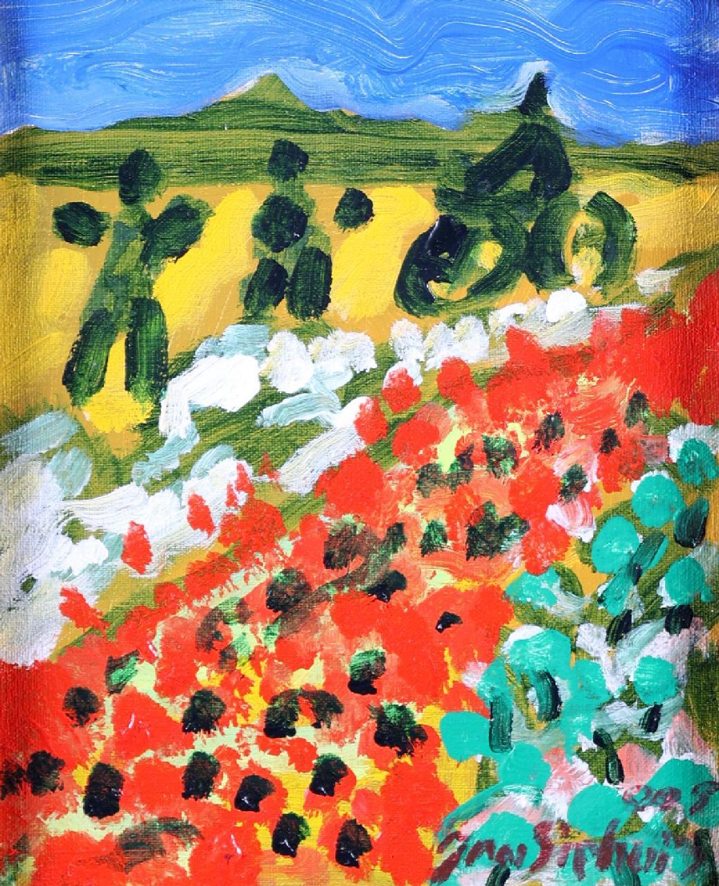 Sierhuis J.A.  | 'Jan' Alphonsus Sierhuis | Paintings offered for sale | Spanish landscape - poppies, acrylic on canvas 30.0 x 23.9 cm, signed l.r. and dated on the stretcher 2005