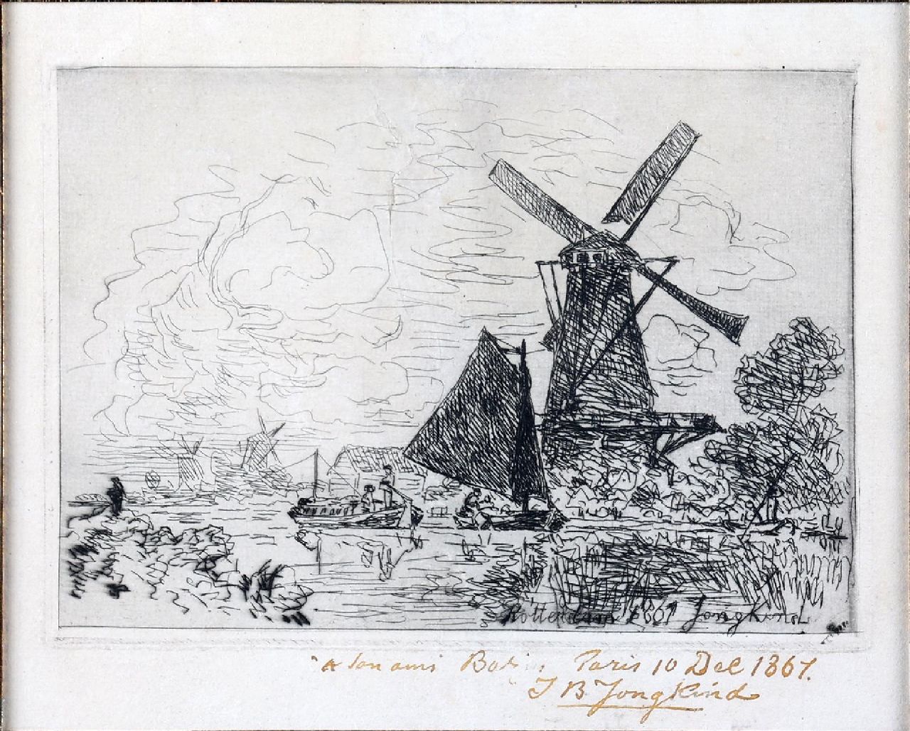 Jongkind J.B.  | Johan Barthold Jongkind | Prints and Multiples offered for sale | Canal near Rotterdam with ships and a windmill, etching on paper 22.0 x 18.5 cm, signed l.r. in the plate and by hand and dated 'Rotterdam' 1861 in de plaat
