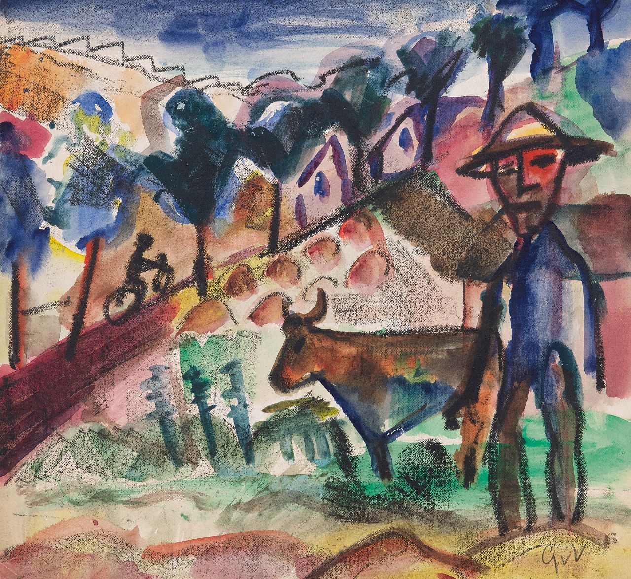 Velde G. van | Gerardus 'Geer' van Velde | Watercolours and drawings offered for sale | Farmer with cow in a landscape, crayon and watercolour on paper 28.6 x 31.2 cm, signed l.r. with initials