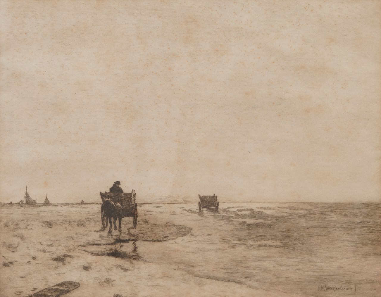 Weissenbruch H.J. | Hendrik Johannes 'J.H.' Weissenbruch, Beach with horse and carriage and ships, etching on paper 35.0 x 44.0 cm, signed x Weissenbruch H.J. | Hendrik Johannes 'J.H.' Weissenbruch, Beach with horse and carriage and ships, etching on paper 35.0 x 44.0 cm, signed x
