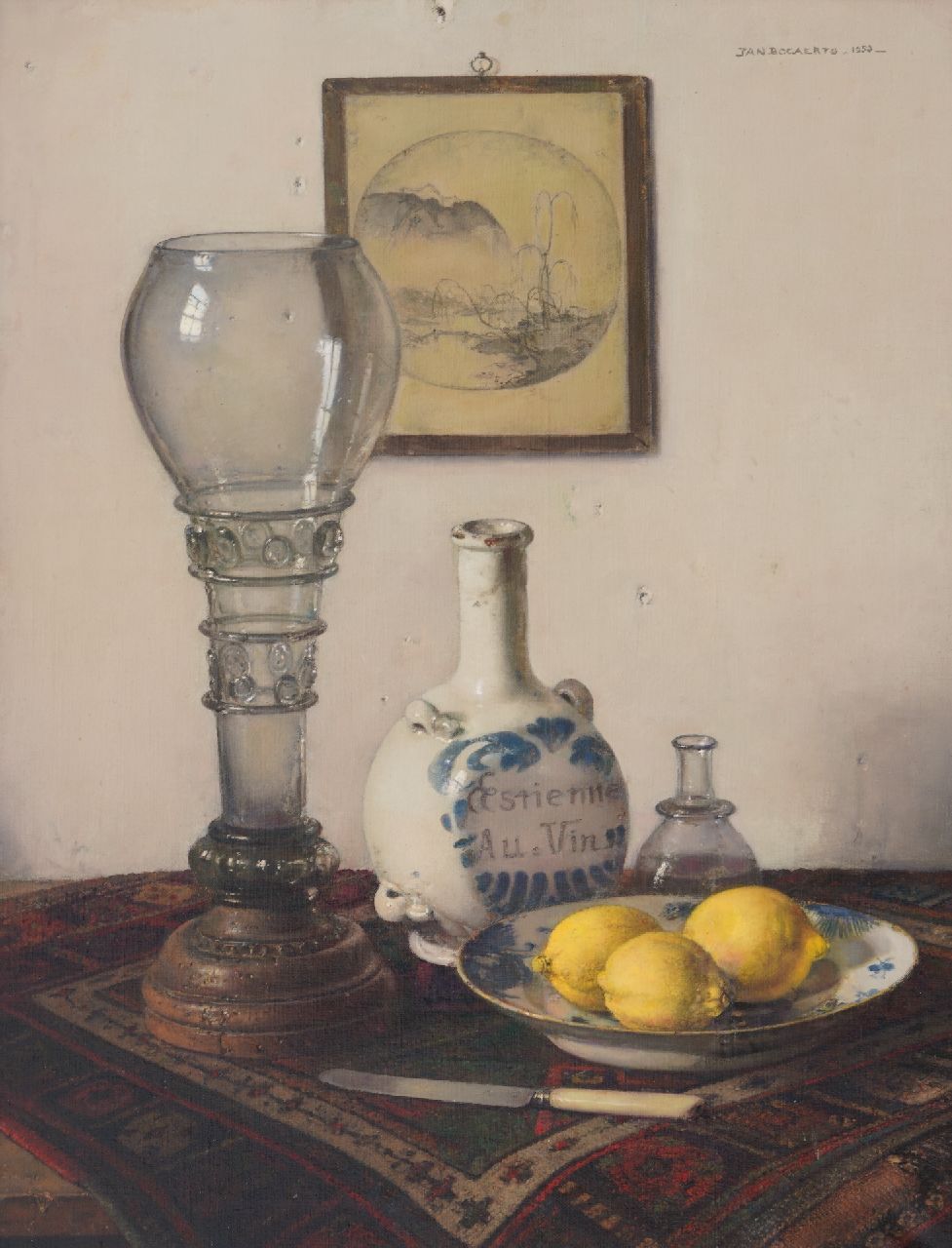 Bogaerts J.J.M.  | Johannes Jacobus Maria 'Jan' Bogaerts | Paintings offered for sale | Still life with roemer, stone jug, and plate of lemons, oil on canvas 72.8 x 56.4 cm, signed u.r. and dated 1953
