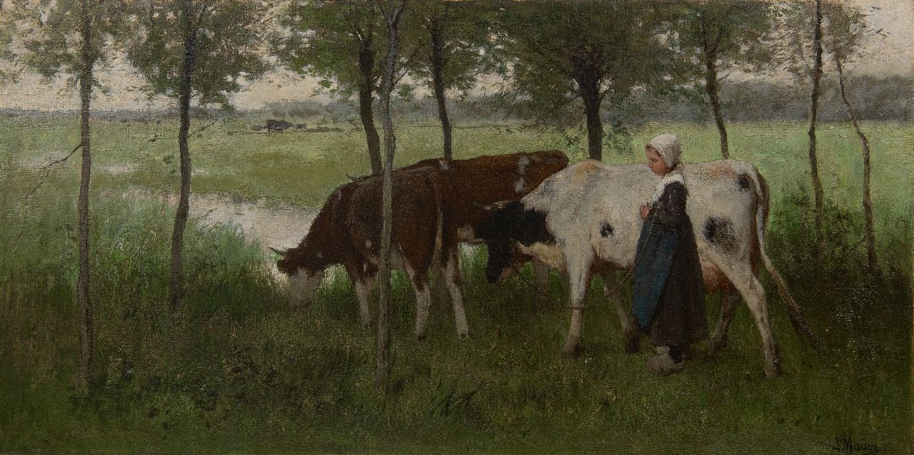 Mauve A.  | Anthonij 'Anton' Mauve | Paintings offered for sale | A young cowherd with her cows, oil on canvas 35.4 x 69.8 cm, signed l.r. and painted ca. 1876