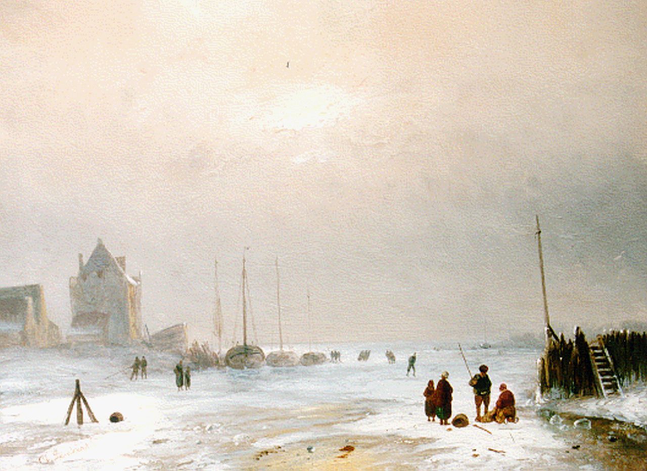 Leickert C.H.J.  | 'Charles' Henri Joseph Leickert, Activities on the ice, oil on panel 23.7 x 31.8 cm, signed l.l.