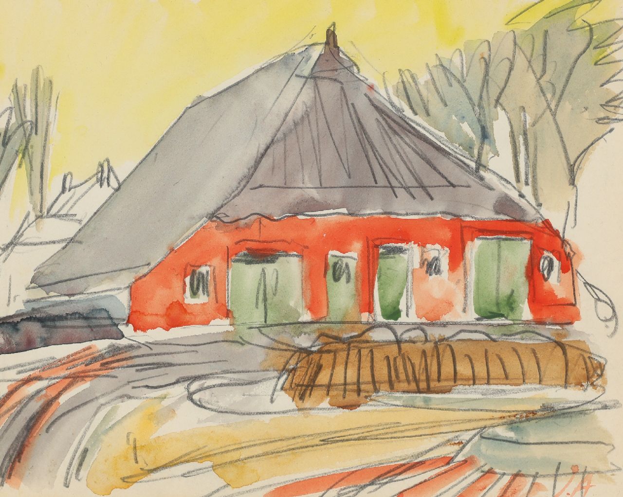 Altink J.  | Jan Altink | Watercolours and drawings offered for sale | Red farm, Groningen, black chalk and watercolour on paper 16.6 x 20.7 cm, signed l.r. with initials