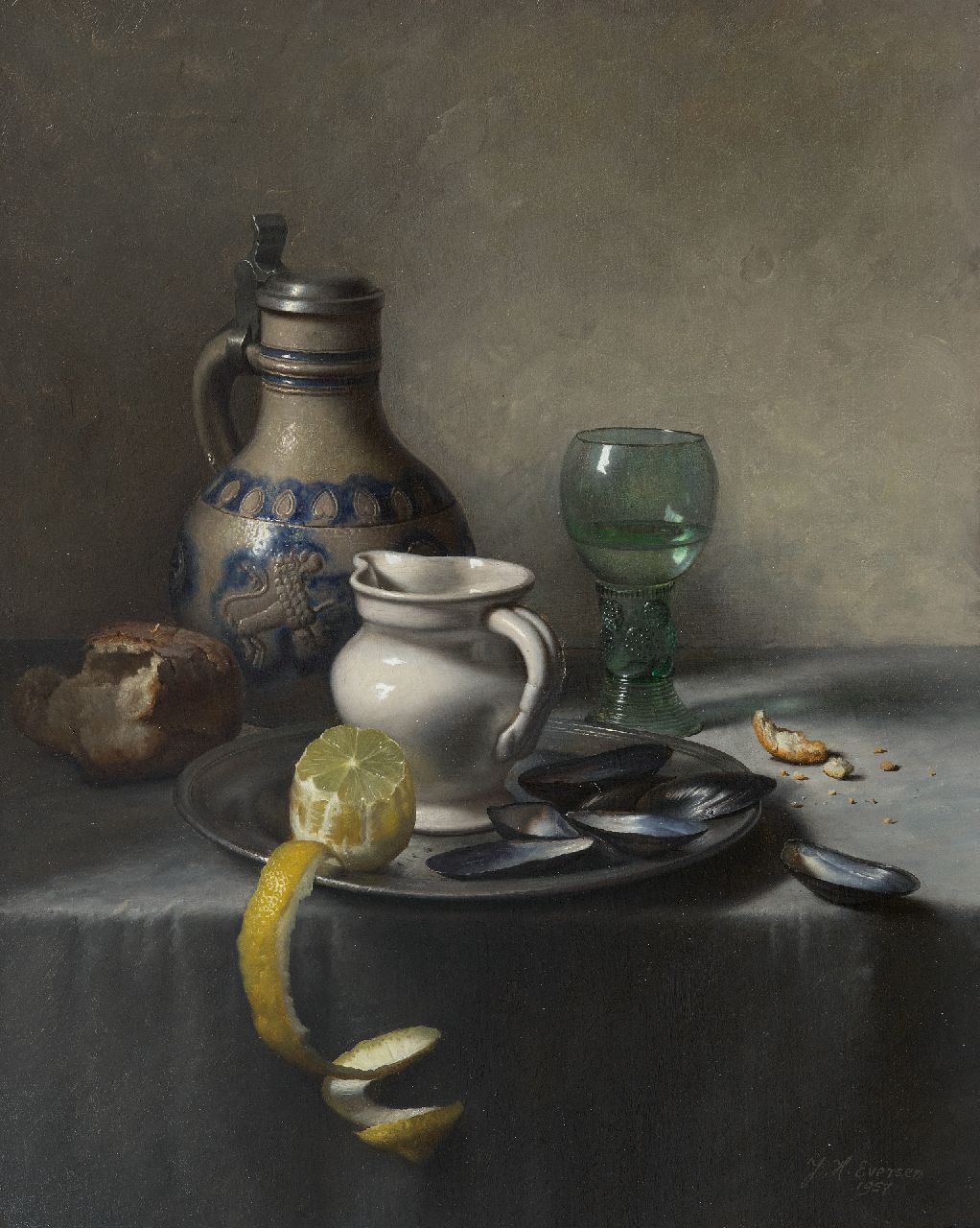 Eversen J.H.  | Johannes Hendrik 'Jan' Eversen | Paintings offered for sale | Still Life with Roemer, lemon and mussels, oil on canvas 50.8 x 40.9 cm, signed l.r. and dated 1957 Eversen J.H.  | Johannes Hendrik 'Jan' Eversen | Paintings offered for sale | Still Life with Roemer, lemon and mussels, oil on canvas 50.8 x 40.9 cm, signed l.r. and dated 1957