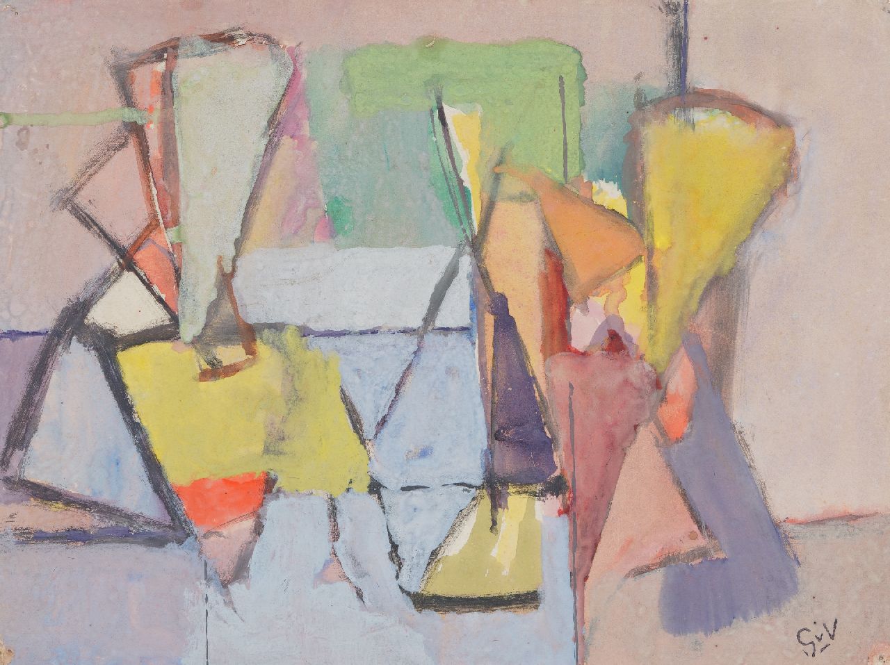 Velde G. van | Gerardus 'Geer' van Velde | Watercolours and drawings offered for sale | Composition (Interior with figures), watercolour and gouache on paper 23.9 x 31.7 cm, signed l.r. and painted in 1944