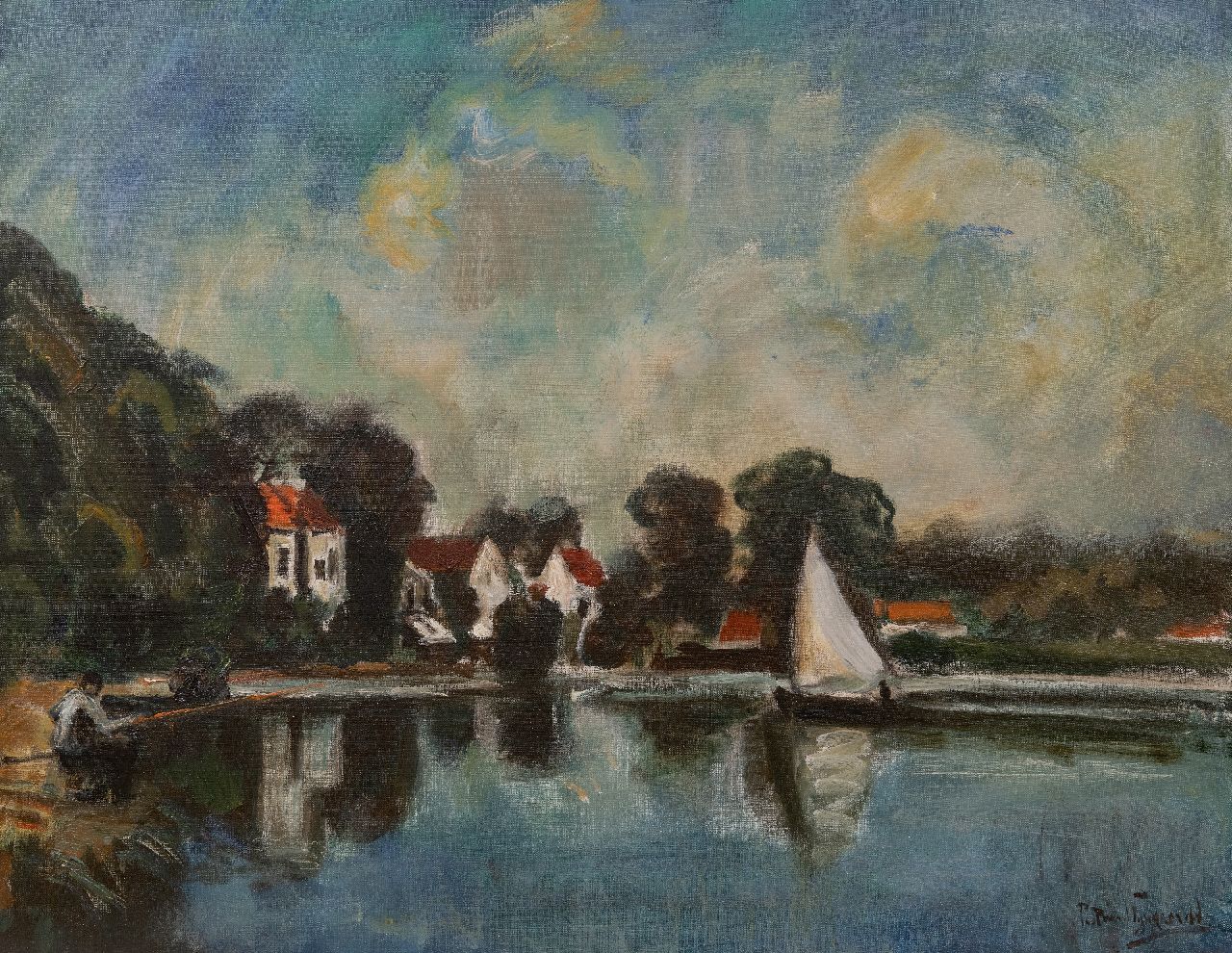 Wijngaerdt P.T. van | Petrus Theodorus 'Piet' van Wijngaerdt | Paintings offered for sale | Sailing boat on the Zuider Buiten Spaarne at Haarlem, oil on canvas 70.5 x 90.2 cm, signed l.r. and without frame