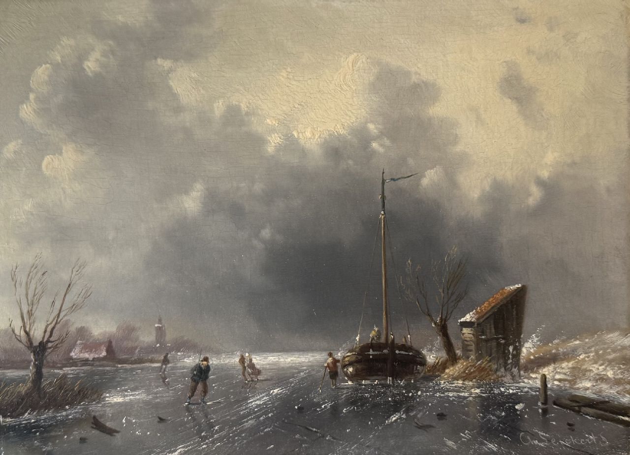 Leickert C.H.J. | 'Charles' Henri Joseph Leickert | Paintings offered for sale | Skaters in an approaching snowstorm, oil on panel 18.6 x 25.8 cm, signed l.r. Leickert C.H.J. | 'Charles' Henri Joseph Leickert | Paintings offered for sale | Skaters in an approaching snowstorm, oil on panel 18.6 x 25.8 cm, signed l.r.