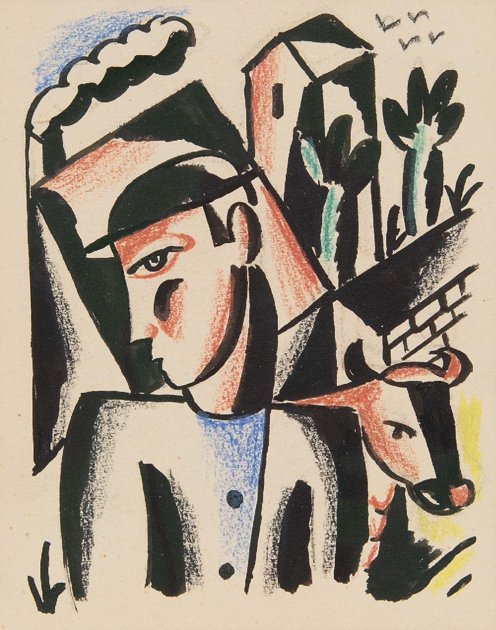 Raoul Hynckes | Farmer with cow, ink and chalk on paper, 15.3 x 12.3 cm