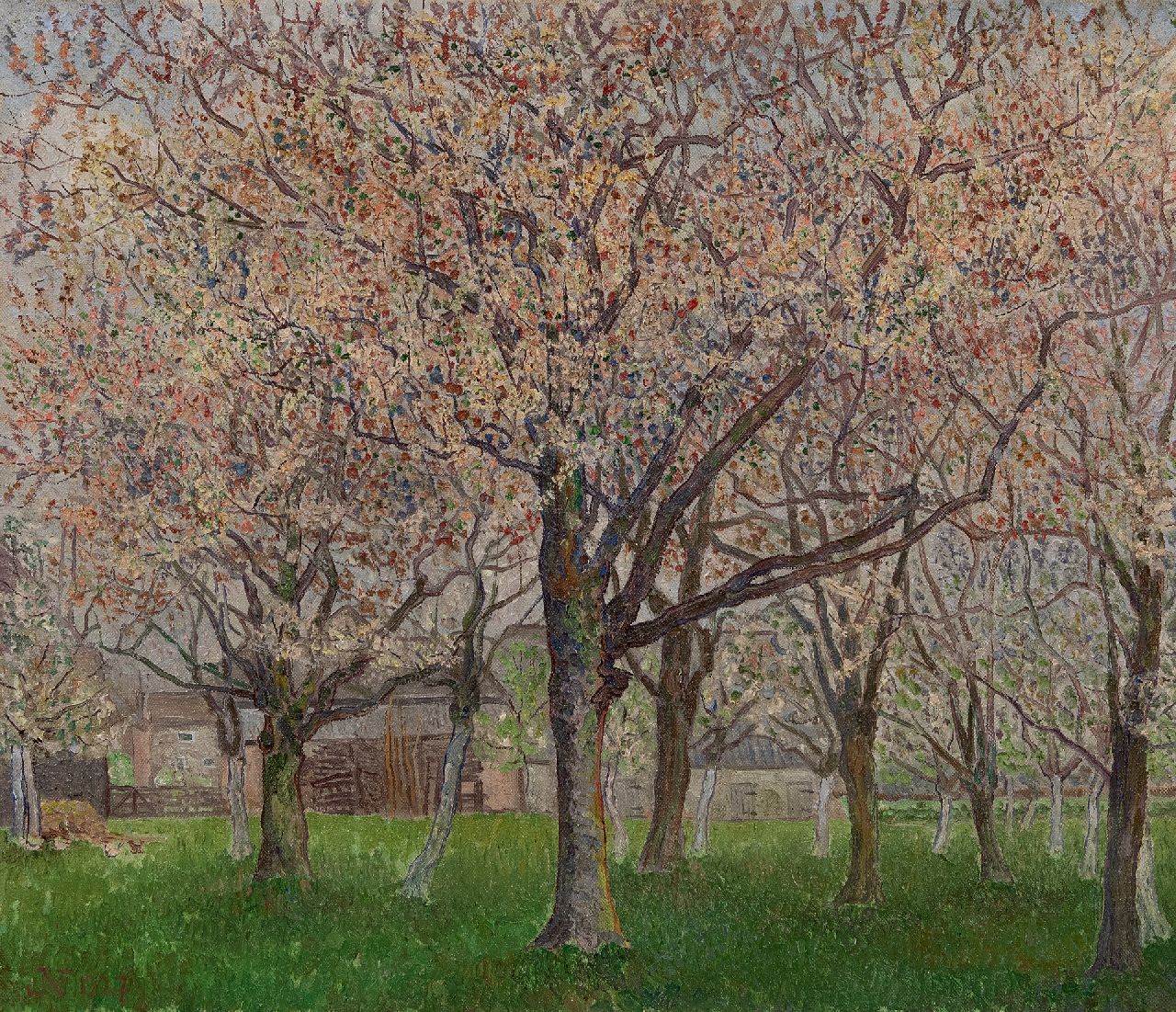 Nieweg J.  | Jakob Nieweg | Paintings offered for sale | Blooming orchard, oil on canvas 55.8 x 65.1 cm, signed l.l. with monogram and dated 1927