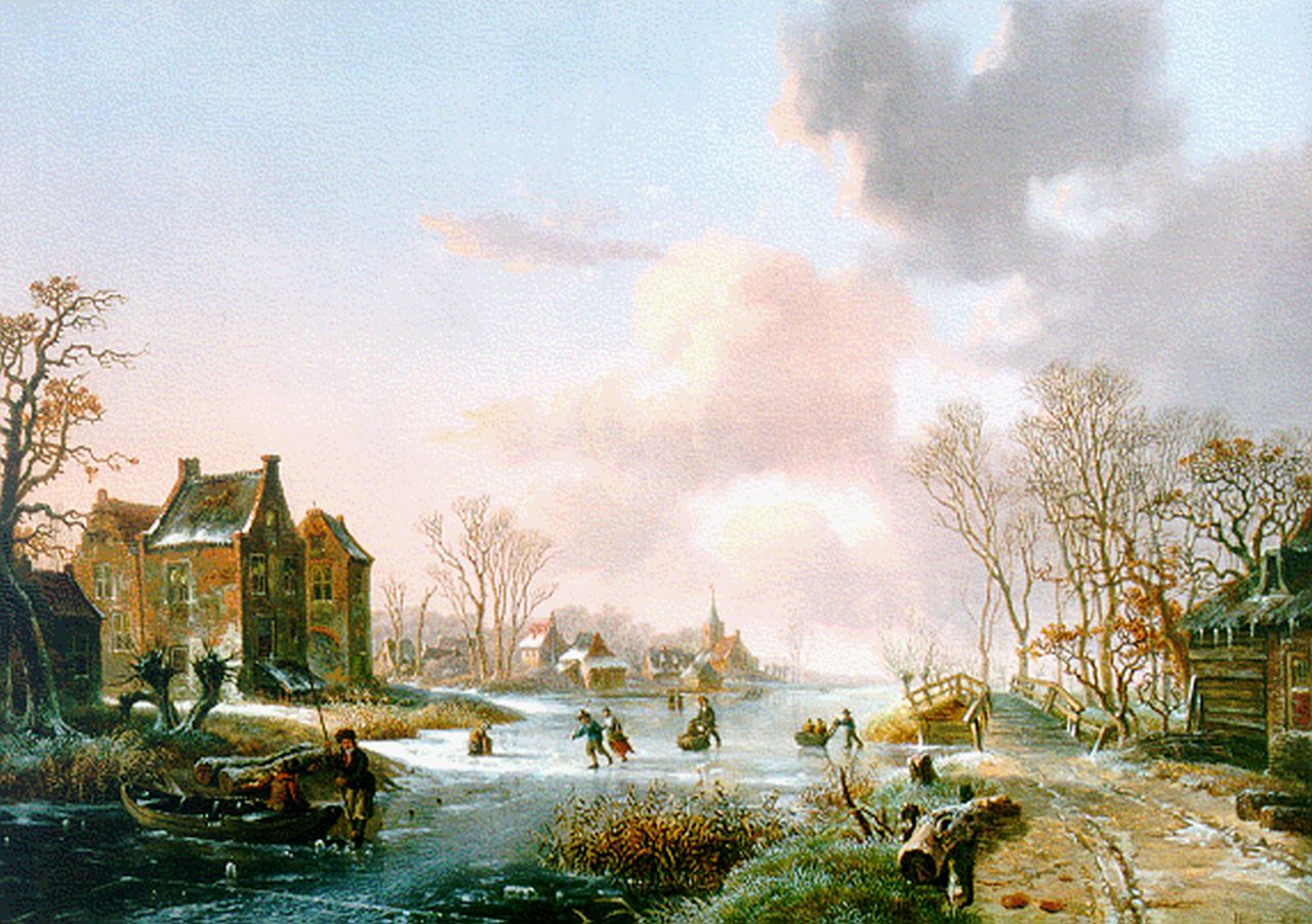 Klerk W. de | Willem de Klerk, Skaters on a frozen waterway, oil on panel 47.2 x 67.0 cm, signed l.r.