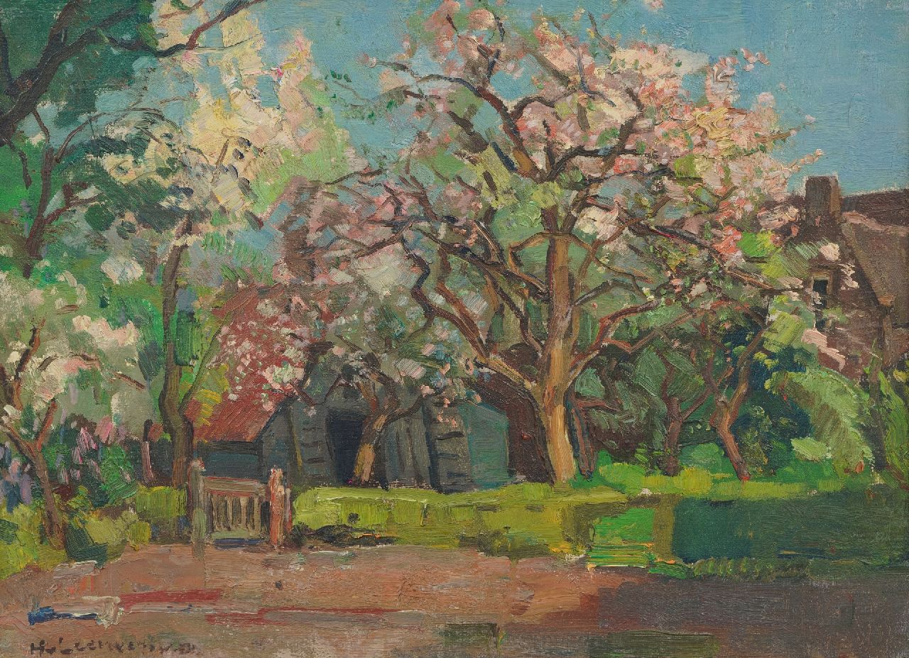 Leeuwen H. van | Hendrik 'Henk' van Leeuwen | Paintings offered for sale | Blossom trees by a farm, oil on canvas 30.2 x 40.4 cm, signed l.l.