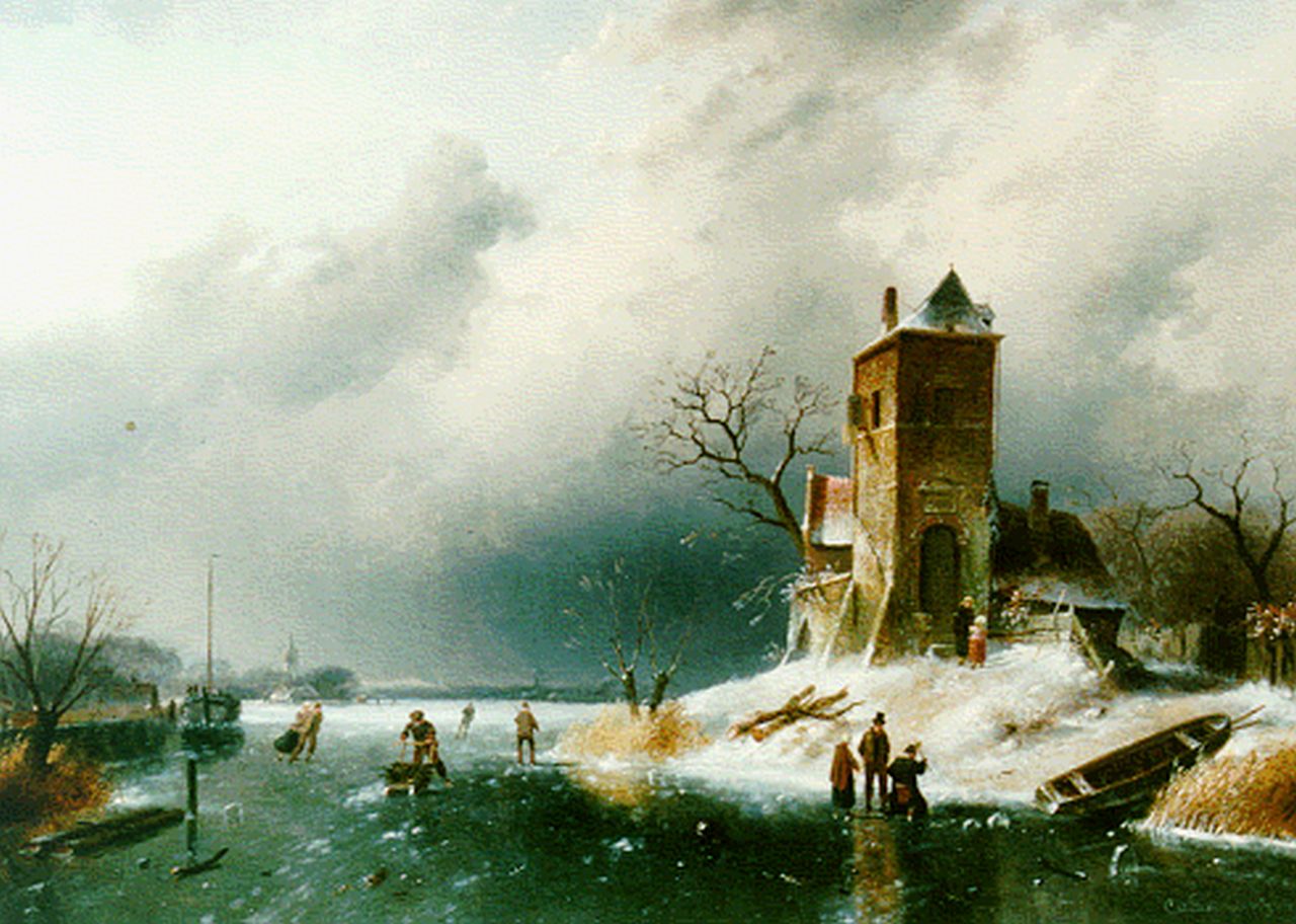 Leickert C.H.J.  | 'Charles' Henri Joseph Leickert, A winter landscape with skaters on the ice, oil on canvas 62.2 x 86.0 cm, signed l.r. and dated '66