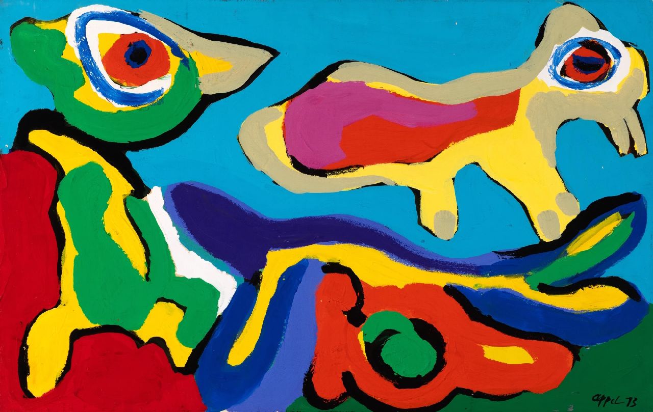 Appel C.K.  | Christiaan 'Karel' Appel | Paintings offered for sale | Birds, acrylic on paper on canvas 48.5 x 77.0 cm, signed l.r. and dated '73