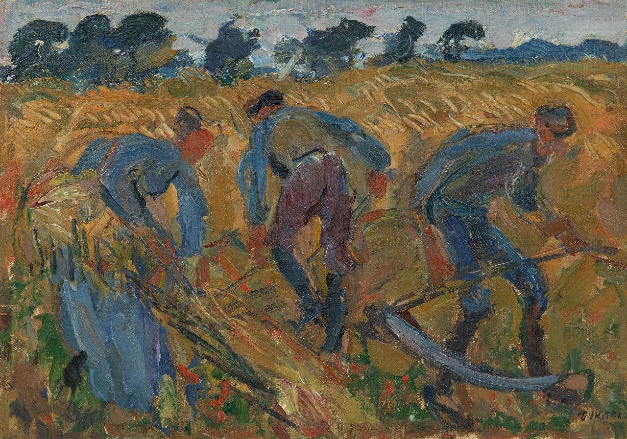 Dijkstra J.  | Johannes 'Johan' Dijkstra | Paintings offered for sale | Mowing farm laborers, Groningen, oil on canvas laid down on panel 21.3 x 30.2 cm, signed l.r.
